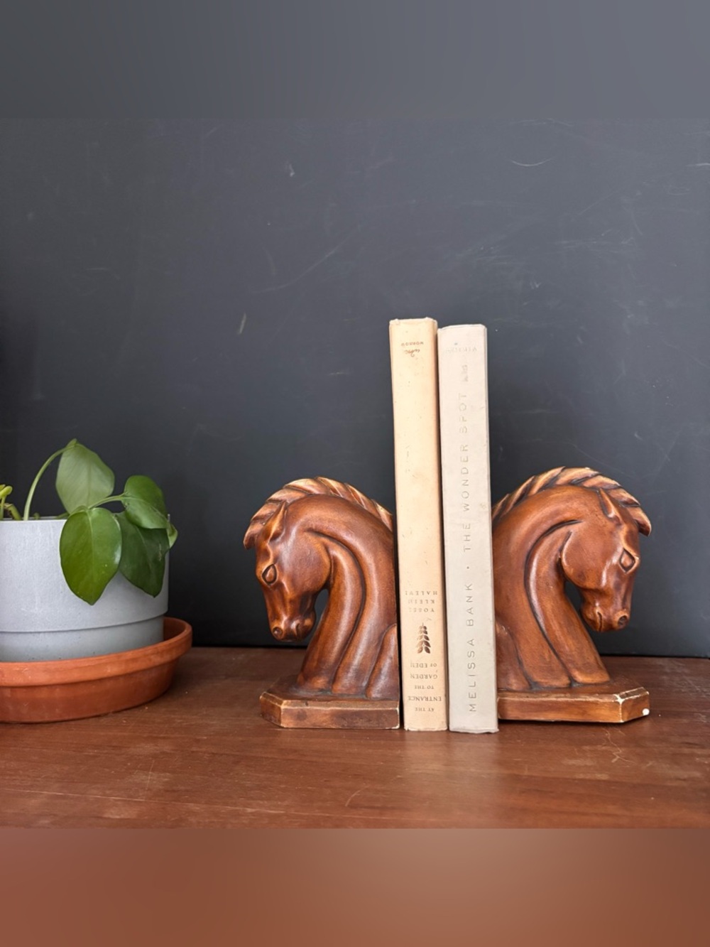 Vintage Pair Plaster Wood Horse Head Bookends Trojan Horse Art Deco
